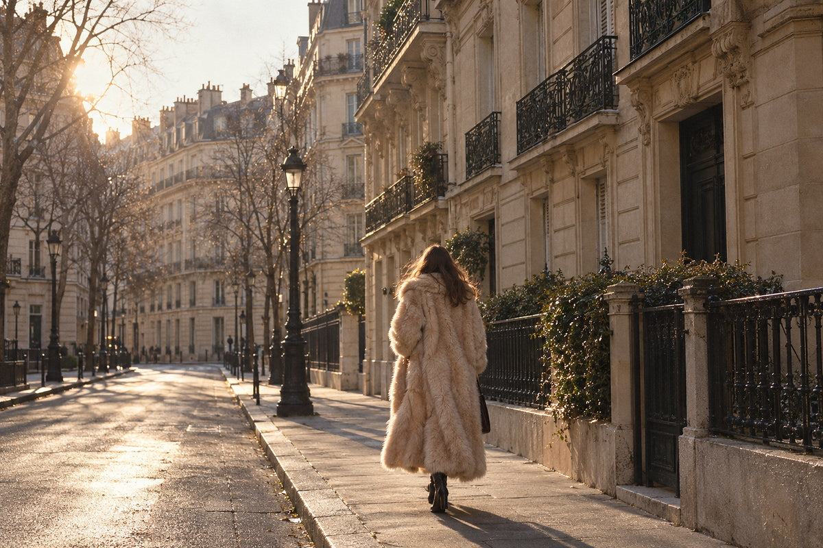 Silhouette de dos en manteau de fourrure long dans une rue parisienne un matin d'hiver