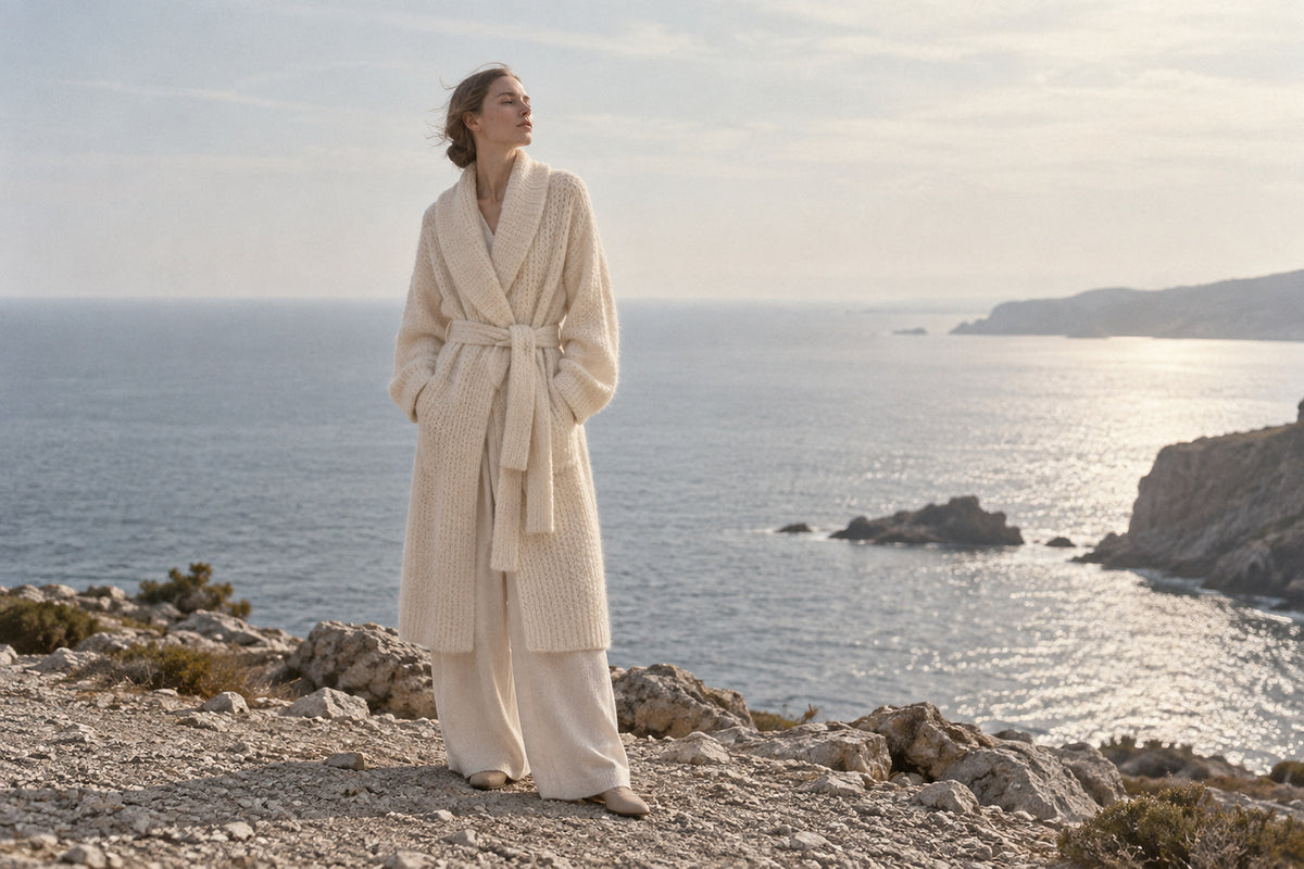 Grand cardigan de cachemire à col châle et ceinture nouée — collection Cardigans & mailles FURSULTANA