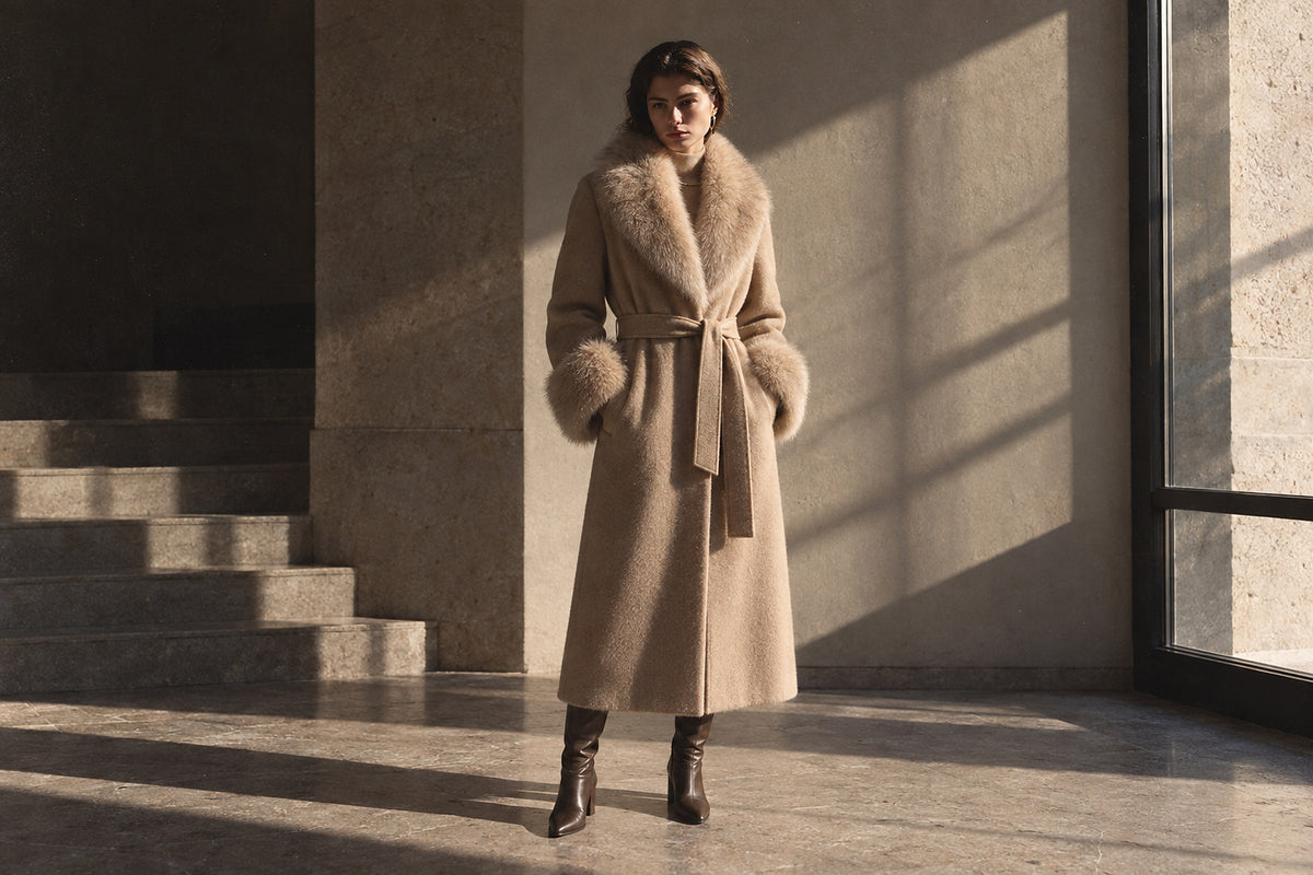 Manteau de cachemire à col et poignets de fourrure — Nouveautés FURSULTANA