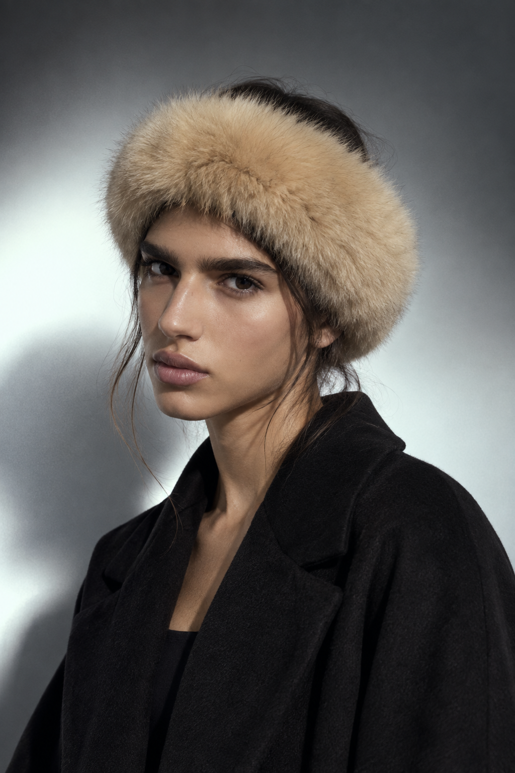 Handband — bandeau de tête en fourrure de renard camel, porté, portrait de trois quarts poitrine