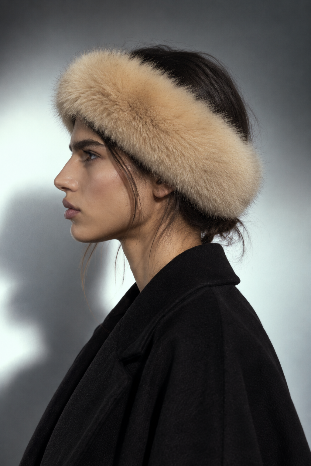 Handband — bandeau en fourrure de renard camel, porté de profil