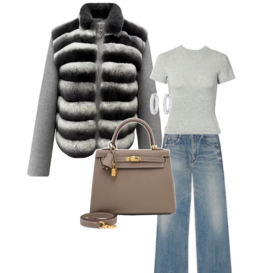 Veste chinchilla, tee-shirt gris et jean droit