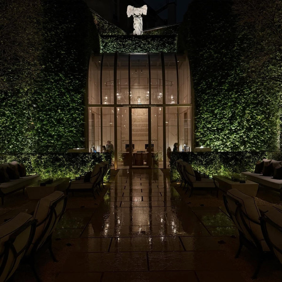 Entree vitree sous un mur de verdure, la nuit