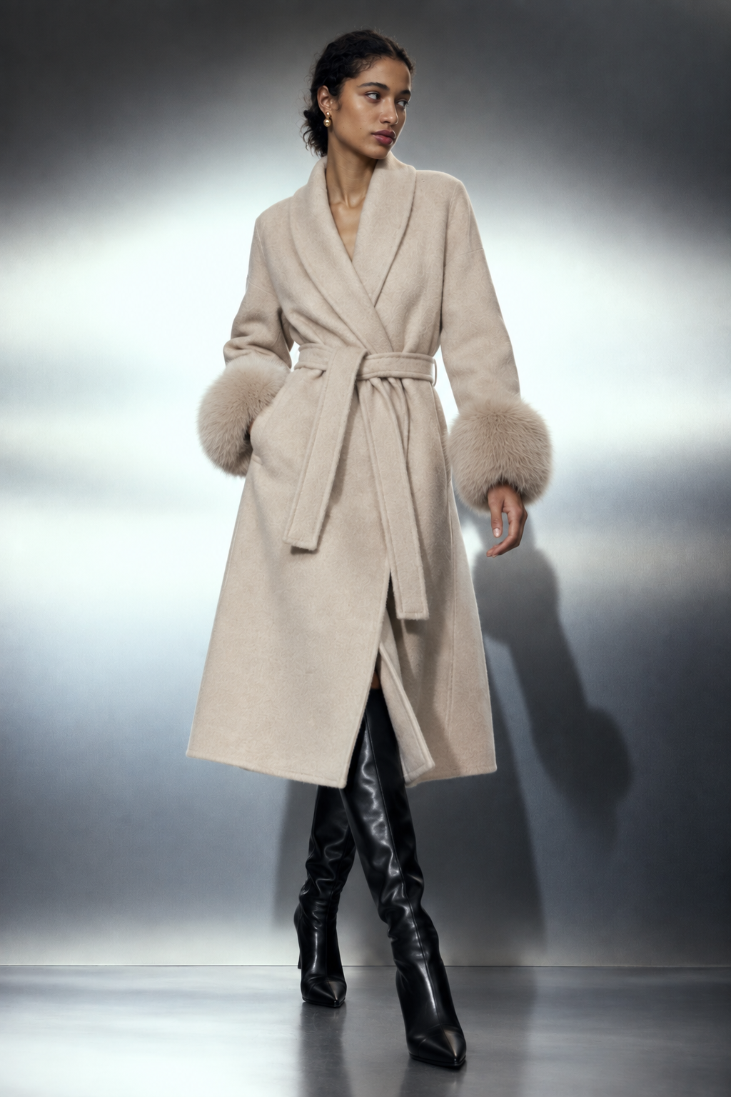 The Leya Coat Long porté, trois quarts