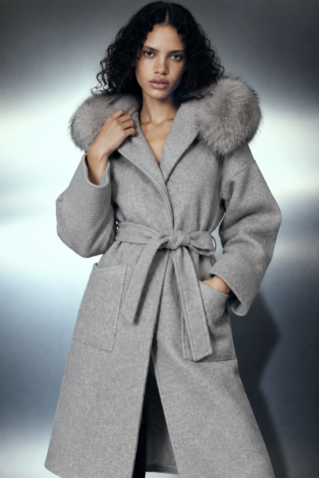 The Samara Long Coat — buste serré sur la capuche de fourrure et la ceinture, de la mi-cuisse à la tête